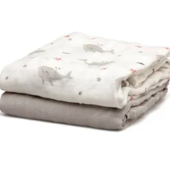 Set de 2 muselinas Ballenas gris
